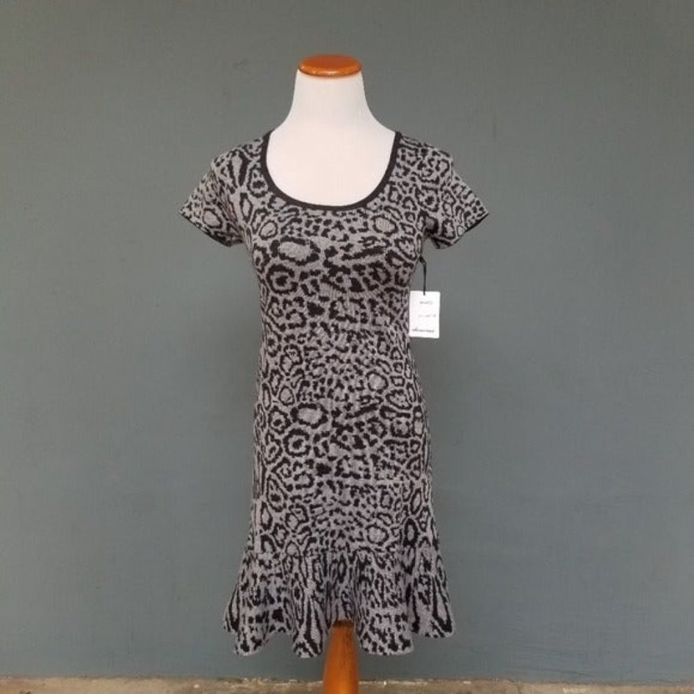 Olivaceous Leopard Print Knit Sweater Dress XS Fall Feminine Flounce